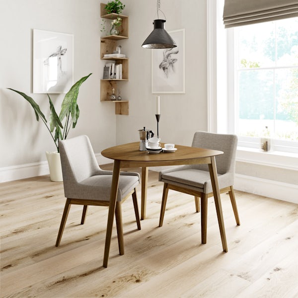 Harrison Oak Table with 2x Lincoln beige chairs