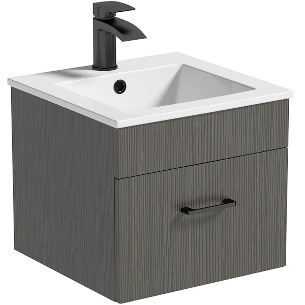 Orchard Lea avola grey wall hung vanity unit with black handle 420mm and Derwent square close coupled toilet suite