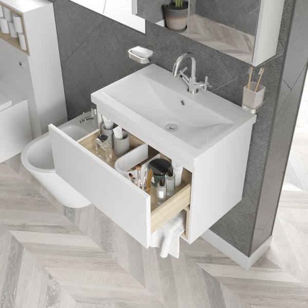 Mode Tate II white & oak furniture package with wall hung vanity unit 600mm