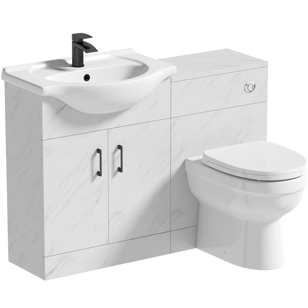 Orchard Lea marble furniture combination with black handle and Eden back to wall toilet with seat