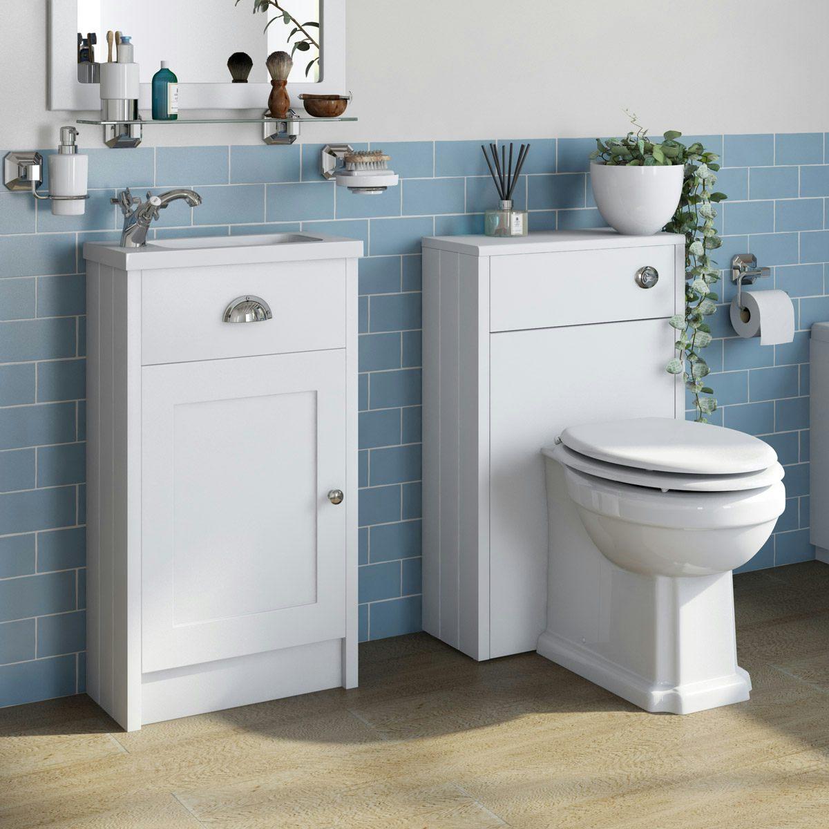 Orchard Dulwich matt white cloakroom combination with traditional toilet and white wooden seat