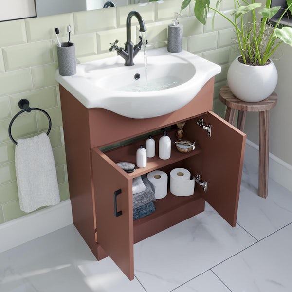 Orchard Lea tuscan red floorstanding vanity unit with black handle and ceramic basin 650mm