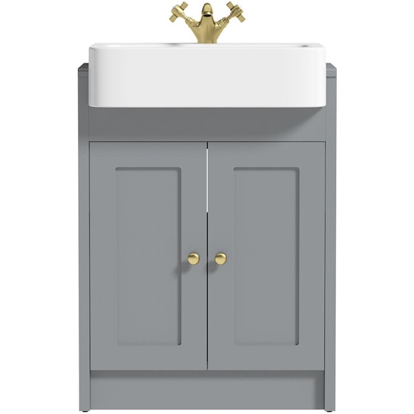 Orchard Dulwich stone grey floorstanding vanity unit and semi recessed basin 600mm - brushed brass