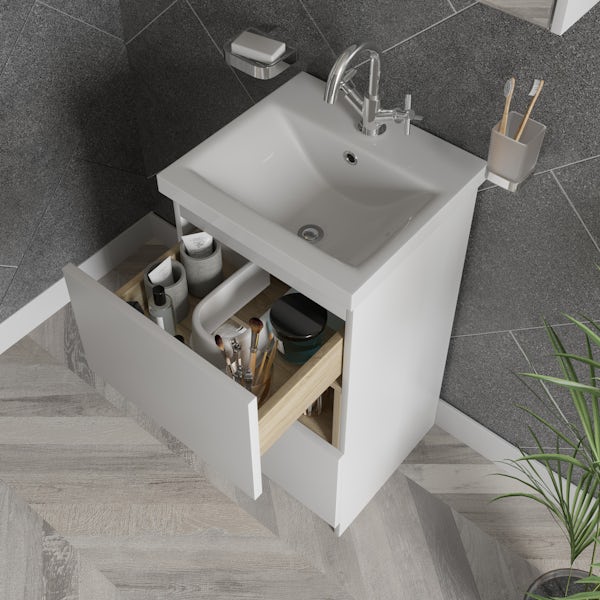 Mode Tate II white & oak cloakroom floorstanding vanity unit and ceramic basin 420mm