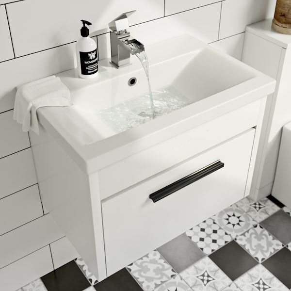 Clarity white wall hung vanity unit with black handle and ceramic basin 600mm