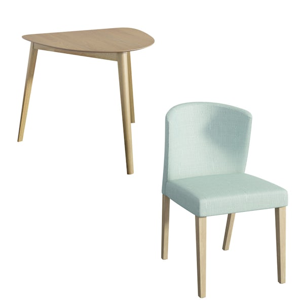 Ernest oak apartment table with 2 x Hudson light cyan dining chairs