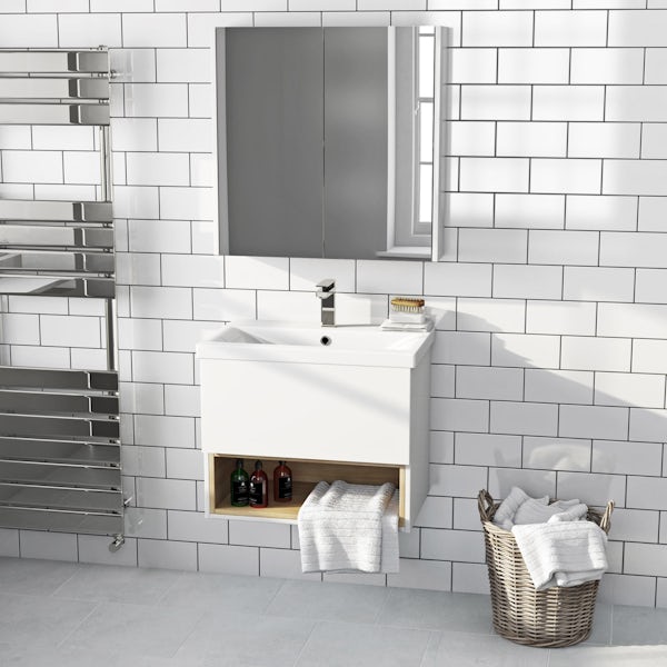 Mode Tate white & oak wall hung vanity unit 600mm with mirror