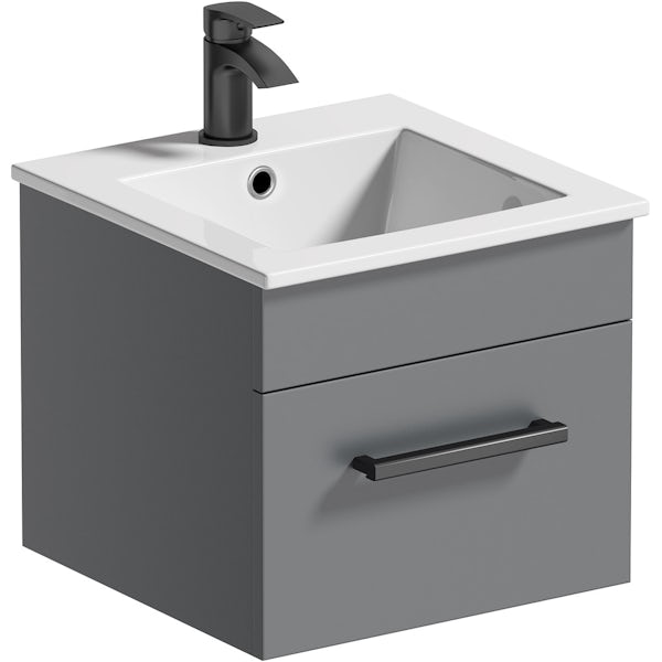 Orchard Derwent stone grey wall hung vanity unit with black handle and ceramic basin 420mm