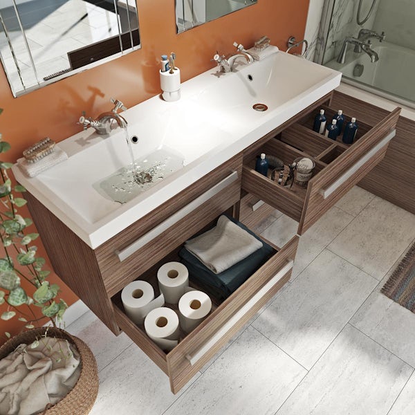 Orchard Wye walnut wall hung double vanity unit and basin 1200mm
