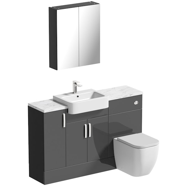 Mode Nouvel gloss grey small fitted furniture & mirror combination with white marble worktop