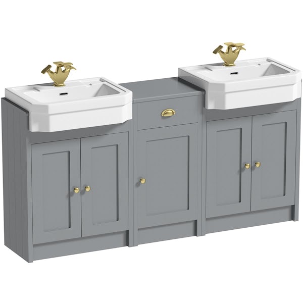 Orchard Dulwich stone grey floorstanding double vanity unit and Eton basin with storage combination - brushed brass