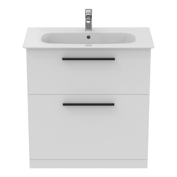 Ideal Standard i.life A matt white floorstanding vanity unit with 2 drawers and black handles 840mm