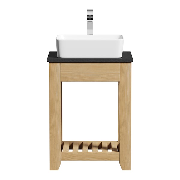 The Bath Co. Hoxton oak washstand with black marble top and Ellis countertop basin 600mm