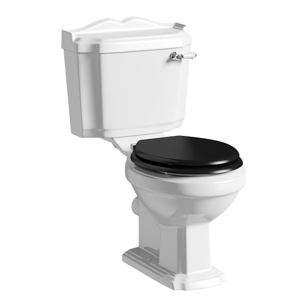 Winchester close coupled toilet suite with black seat and full pedestal basin 600mm