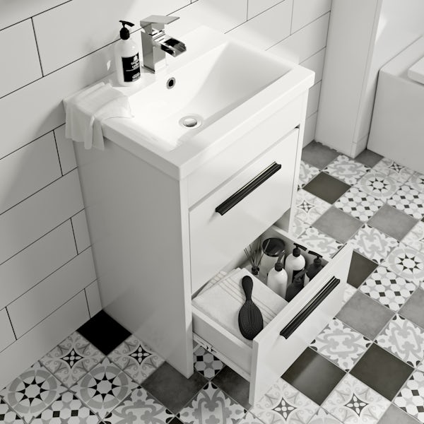 Clarity close coupled toilet and white vanity unit suite 510mm and black handles
