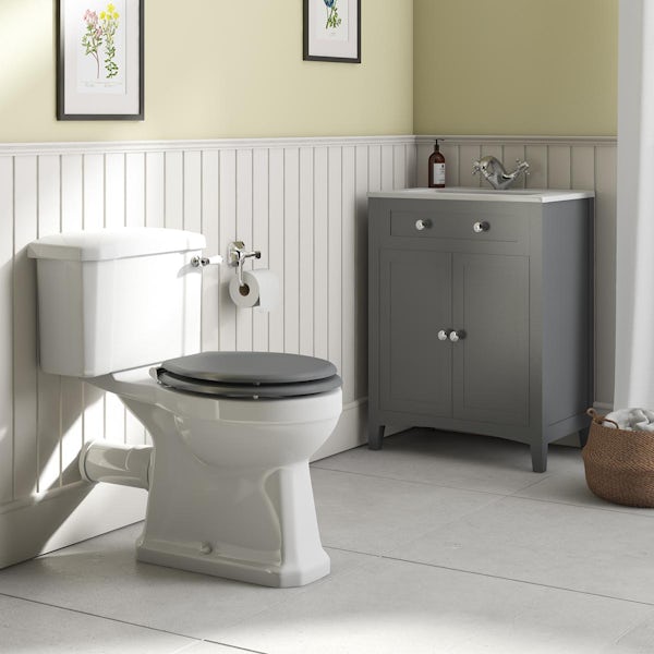 The Bath Co. Camberley close coupled toilet and satin grey vanity unit suite 600mm