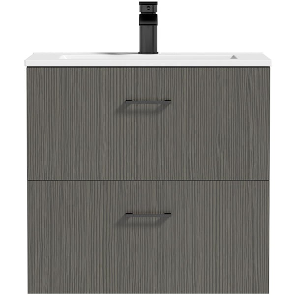 Orchard Lea avola grey wall hung vanity unit with black handle and ceramic basin 600mm