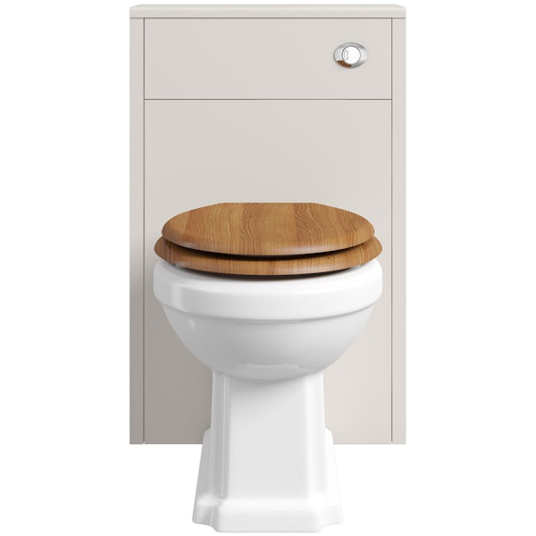 The Bath Co. Dulwich stone ivory slimline back to wall unit and toilet with oak effect seat