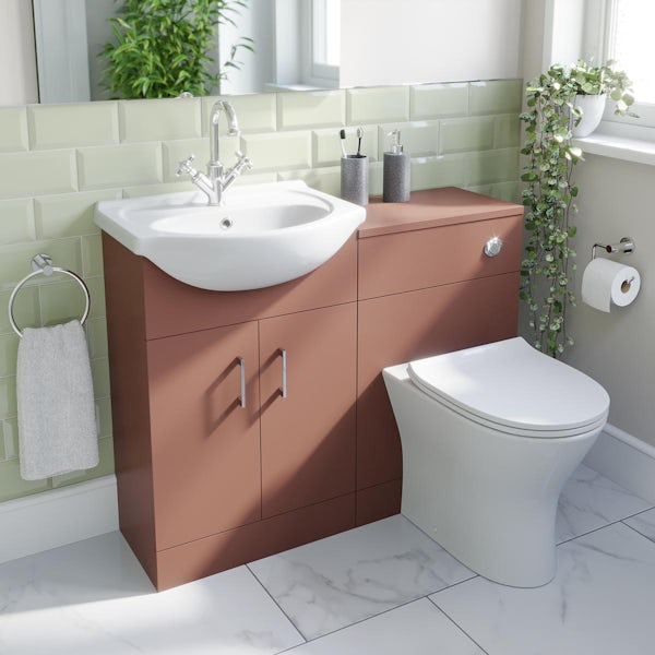 Orchard Lea tuscan red 1060mm combination and Derwent round back to wall toilet with seat