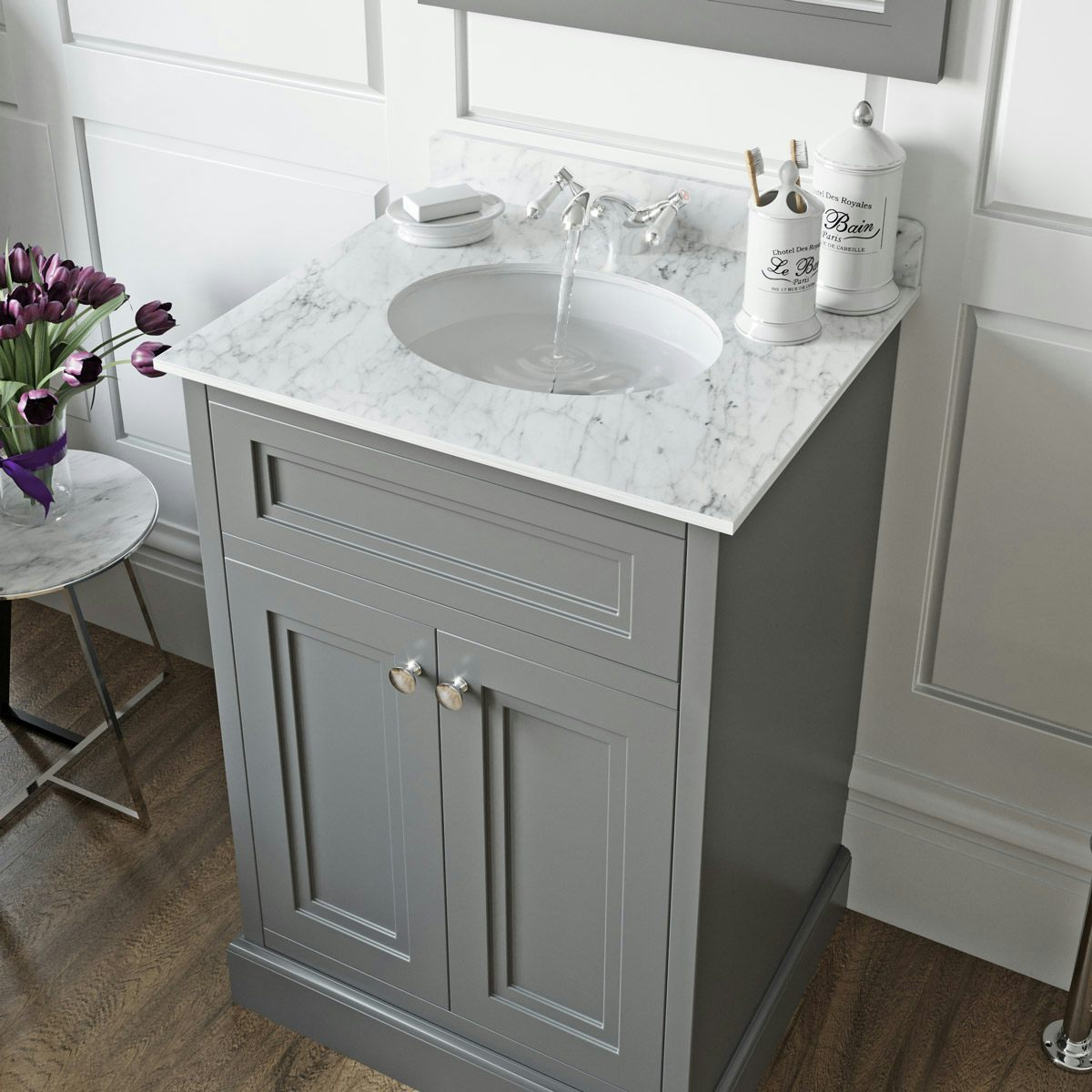 The Bath Co Chartham Slate Matt Grey Floorstanding Vanity Unit And White Marble Basin 600mm