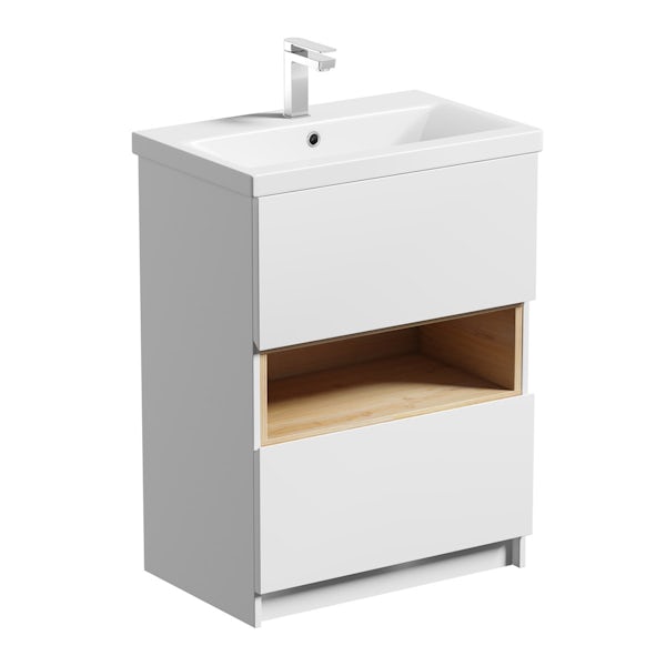 Mode Tate close coupled toilet and white and oak vanity unit suite 600mm