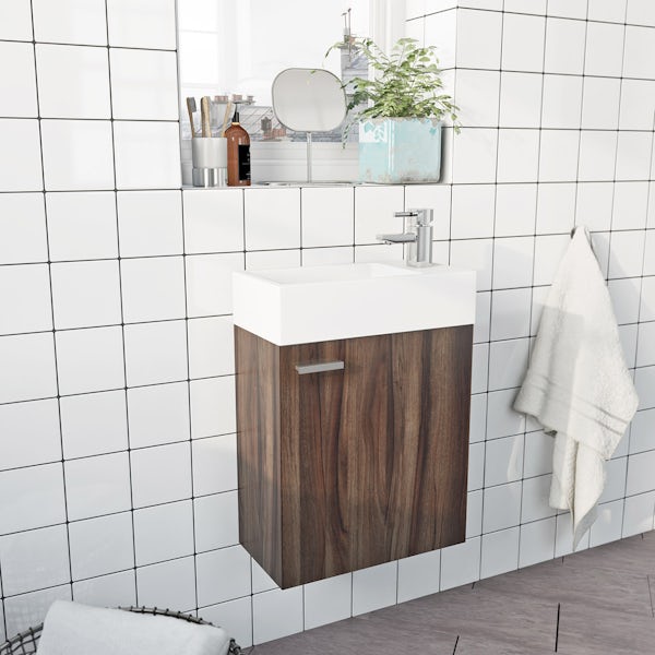 Clarity Compact walnut cloakroom wall hung unit with resin basin 410mm