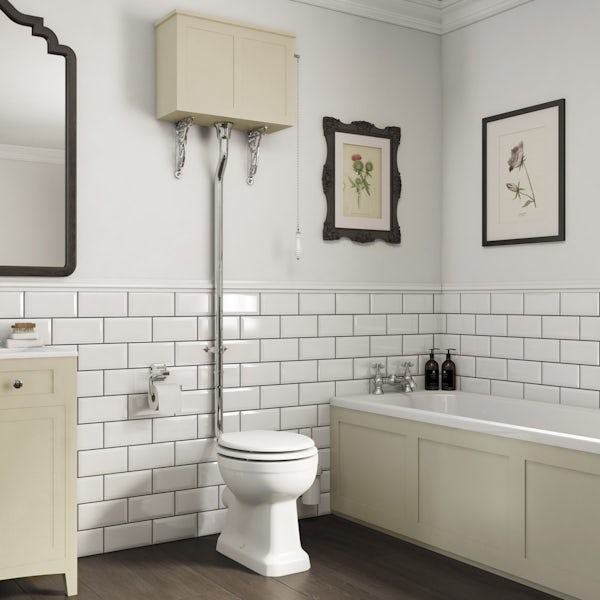 The Bath Co. Camberley high level toilet with satin ivory toilet box and white seat
