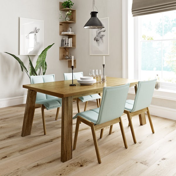 Lincoln oak dining table with 4 x Hadley light cyan dining chairs