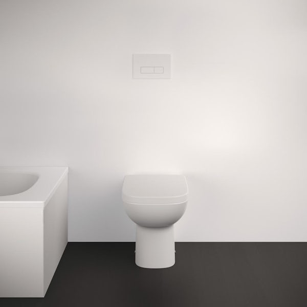 Ideal Standard i.life A rimless back to wall toilet with ProSys cistern, chrome dual flush plate and slow close seat