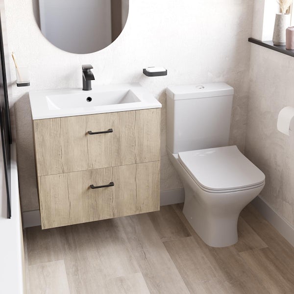 Orchard Lea oak wall hung vanity unit with black handle and ceramic basin 600mm