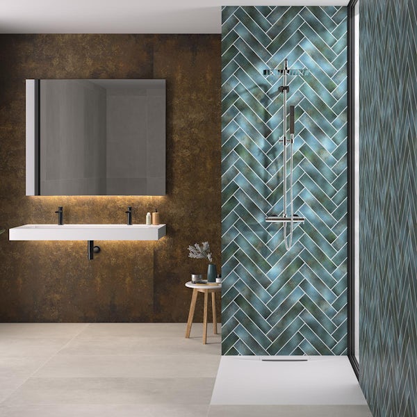 Kinewall Green Blue Herringbone shower wall panel 1200 x 2500
