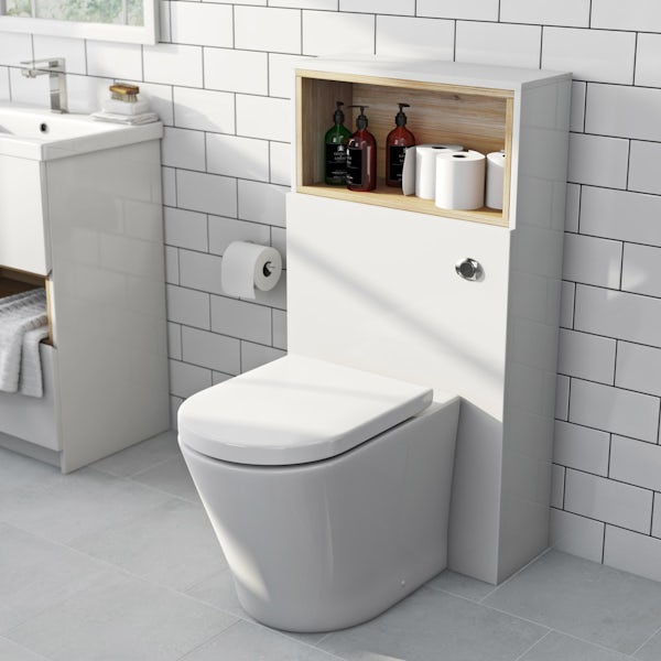 Tate white and oak back to wall toilet with mode arte seat