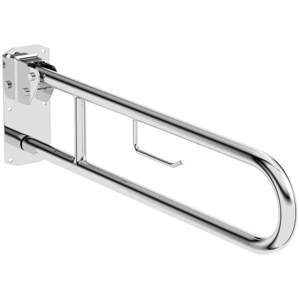 Nymas Hinged polished lift and lock support rail with toilet roll holder 800mm