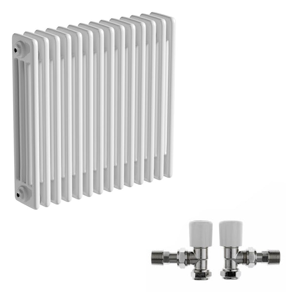 The Bath Co. Camberley white 4 column radiator 600 x 654 with angled valves