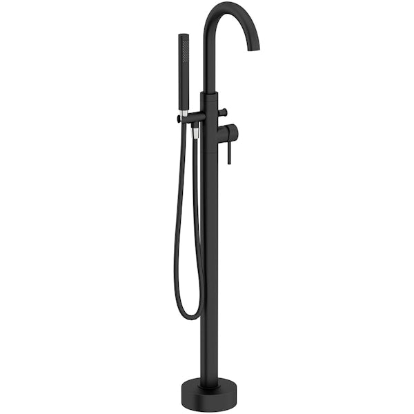 Mode Tate double ended freestanding round bath with matt black freestanding bath tap