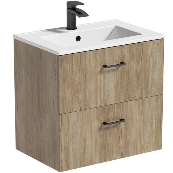 Orchard Lea oak wall hung vanity unit with black handle and ceramic basin 600mm