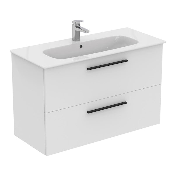Ideal Standard i.life A matt white wall hung vanity unit with 2 drawers and black handles 1040mm