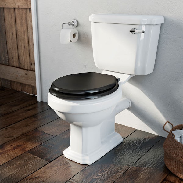 The Bath Co. Dulwich close coupled toilet with black wooden toilet seat