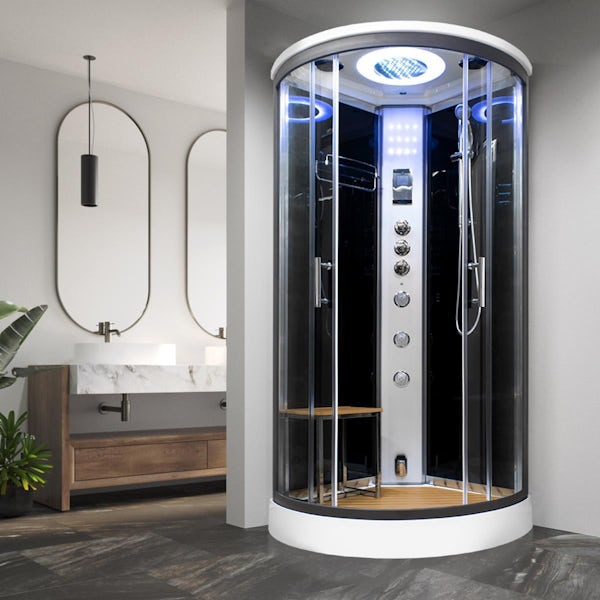 Vidalux Essence quadrant black framed steam shower cabin with wood effect floor and seat