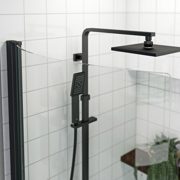 Orchard P shaped left handed shower bath with 6mm matt black shower screen with rail 1500 x 850
