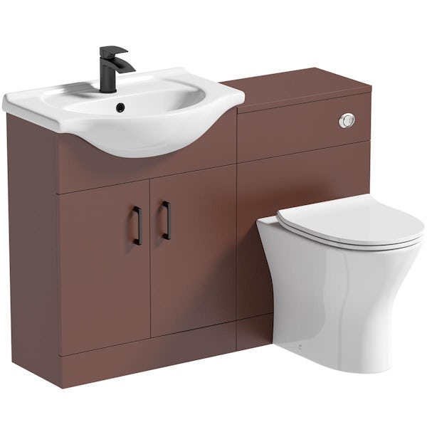 Orchard Lea tuscan red 1155mm combination with black handle and Derwent round back to wall toilet with seat