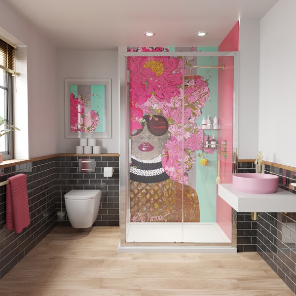 Louise Dear Kiss Kiss Bam Bam Hot Pink bathroom suite with rectangular enclosure and tray