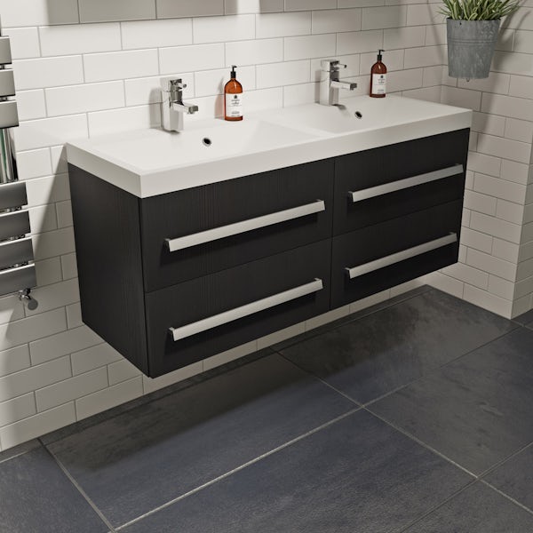 Orchard Wye essen black wall hung double vanity unit and basin 1200mm with tap