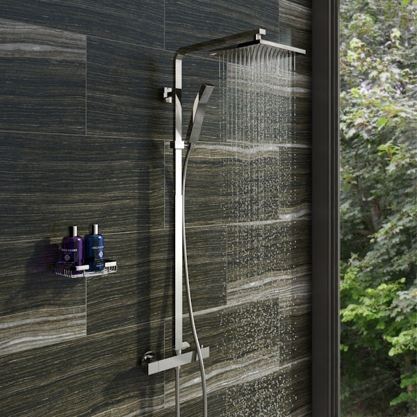 Mode Ellis complete left hand shower bath suite with contemporary white floor drawer unit