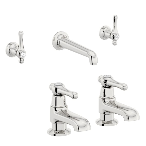 The Bath Co. Camberley lever wall mounted basin mixer and bath pillar tap pack