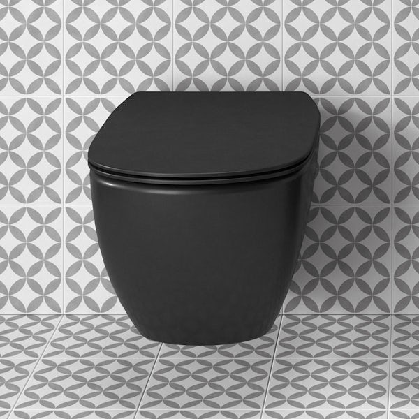 Ideal Standard silk black wall hung toilet with soft close seat, Oleas M1 flush plate & accessories