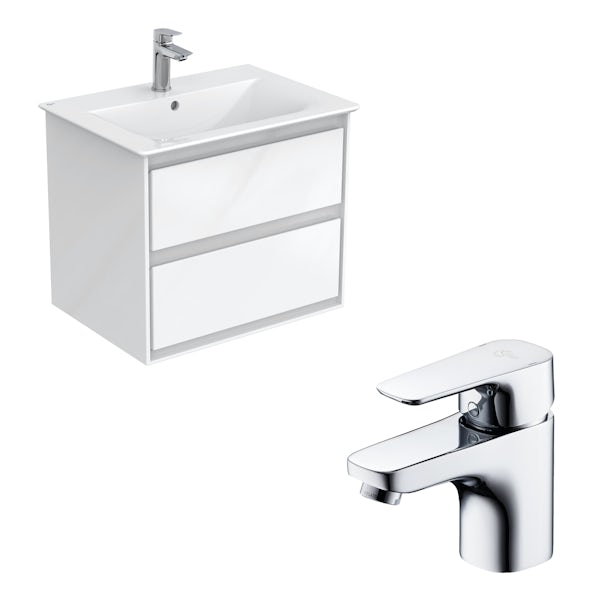 Ideal Standard Concept Air gloss and matt white wall hung vanity unit and basin 600mm with free tap