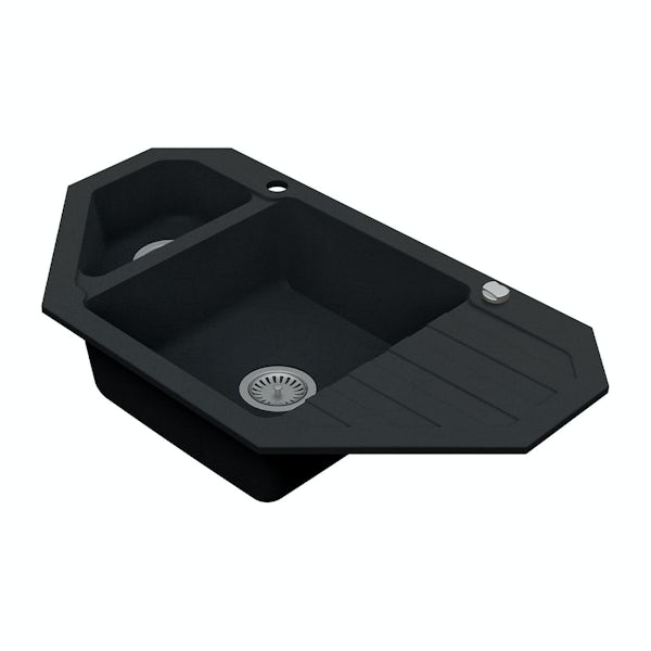 Schon Otranto Obsidian black 1.5 bowl right hand kitchen sink with Schon dual lever kitchen tap