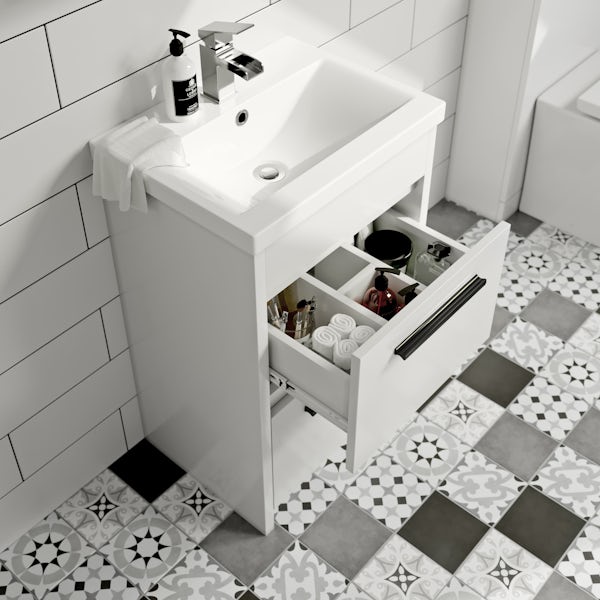 Clarity close coupled toilet and white vanity unit suite 510mm and black handles