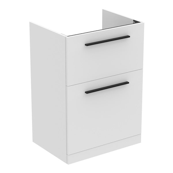 Ideal Standard i.life A matt white floorstanding vanity unit with 2 drawers and black handles 640mm